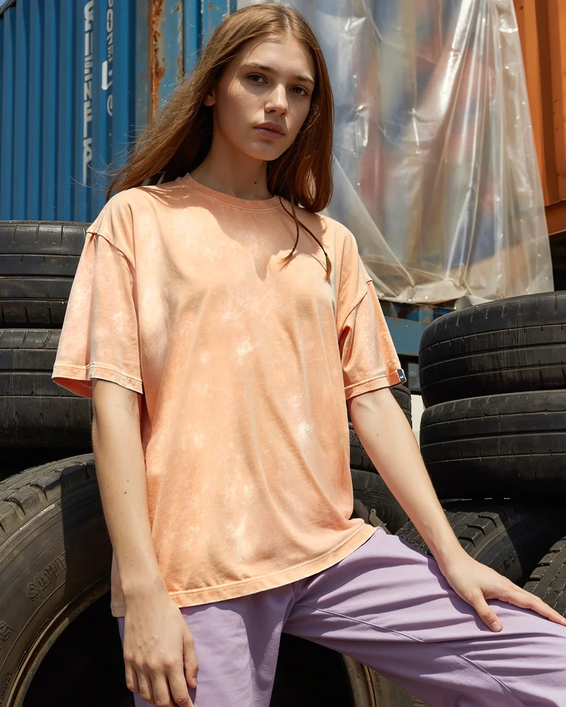 bewakoof Women's Orange Oversized Acid Wash T-shirt